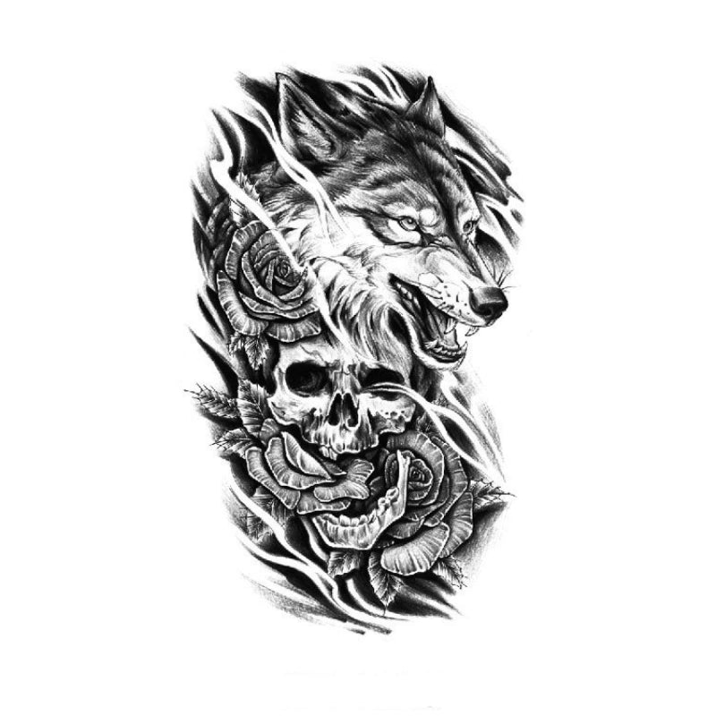 Wolf Skull & Roses-InkOMG
