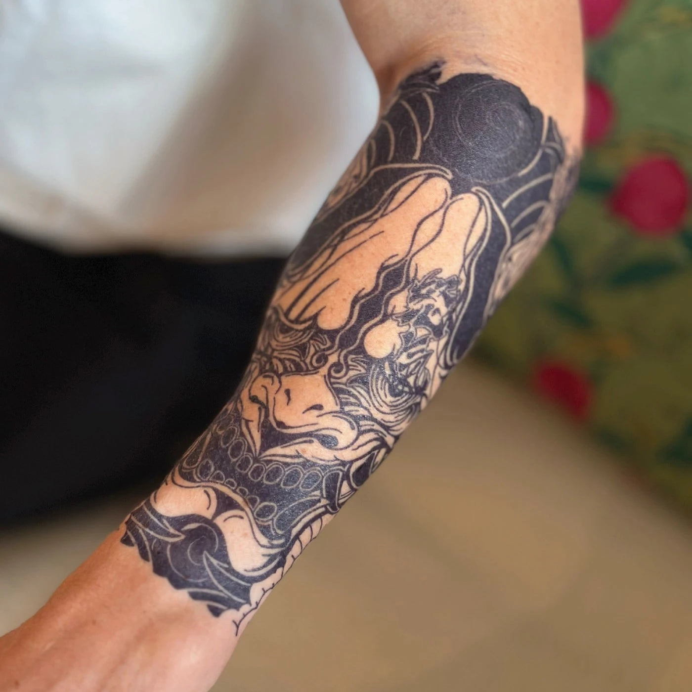 angry hannya japanese style half arm tattoo on forearm