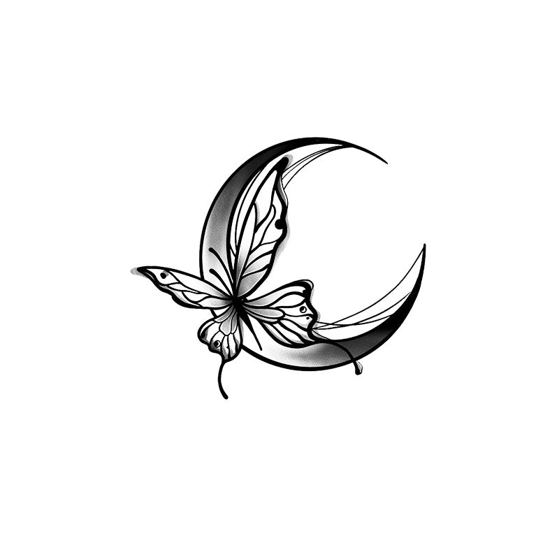 Semi-permanent tattoo of a butterfly with fineline wings resting on a shaded crescent moon.