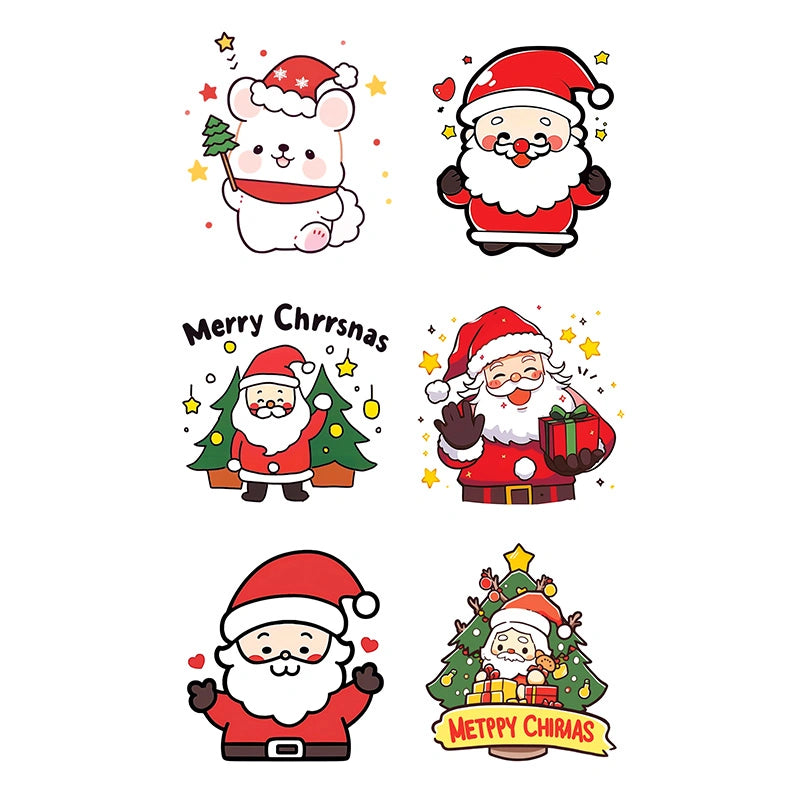 Cute cartoon Santa Claus and Christmas bear with trees and stars (color temporary tattoo for Christmas party, 2–3 days wear)