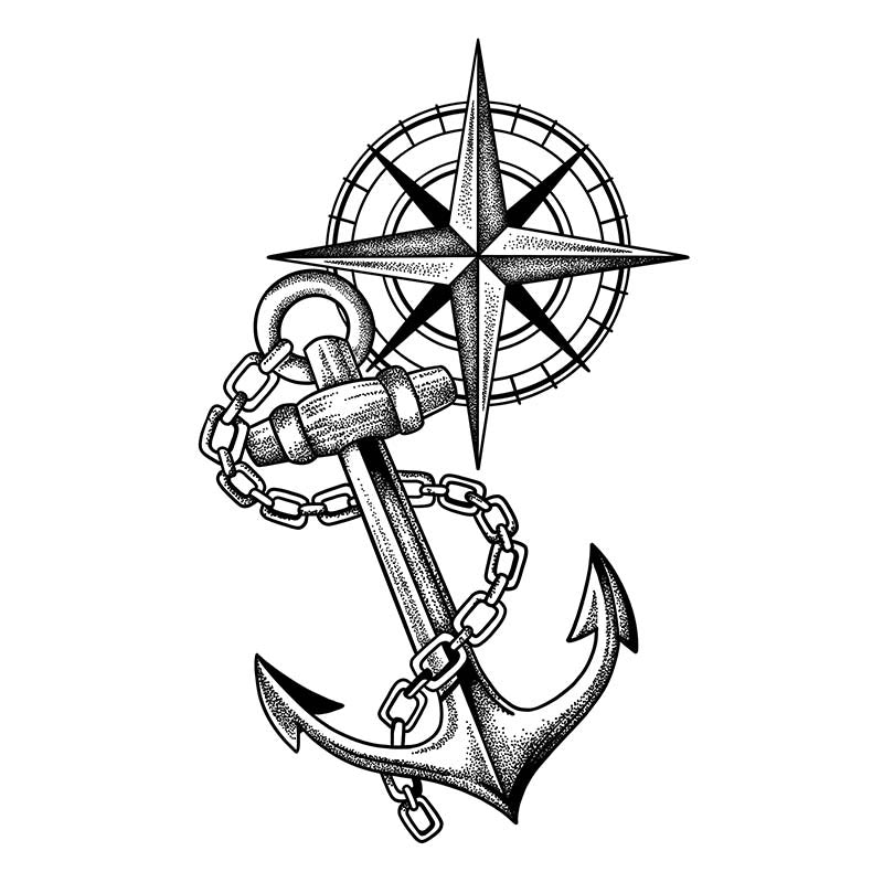 Bold tattoo design featuring a classic nautical anchor wrapped in a metal chain, paired with a detailed directional compass.