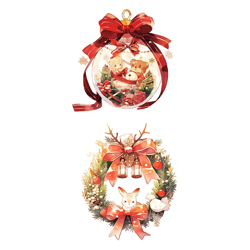 Christmas ornament and wreath with bunny, bear, bells and red bows (color temporary tattoo for Christmas party, 2–3 days wear)