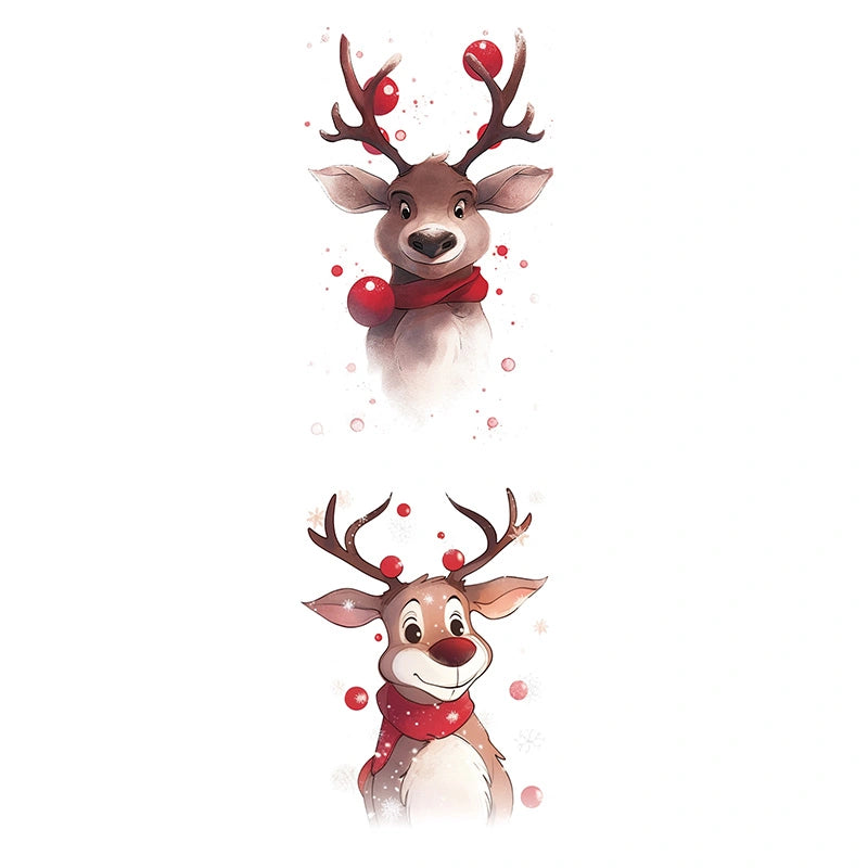 Cute Christmas reindeer duo with red scarves and snowflakes (color temporary tattoo for Christmas party, 2–3 days wear)