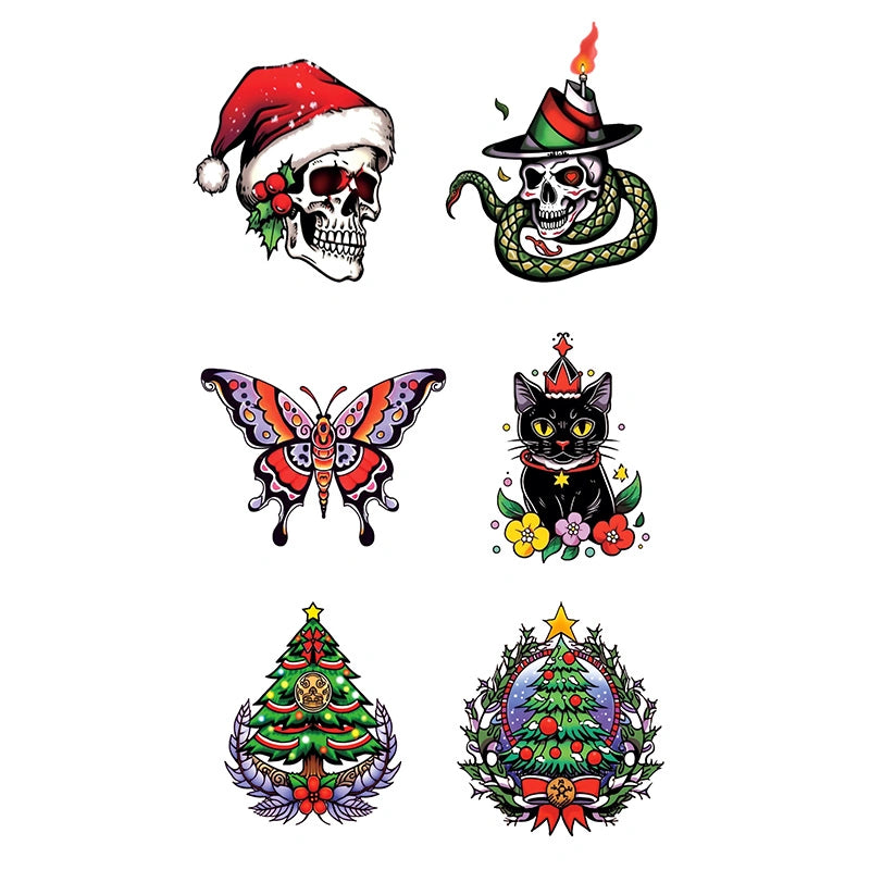 Christmas skulls with snake, butterfly, black cat and decorated trees (color temporary tattoo for Christmas party, 2–3 days wear)