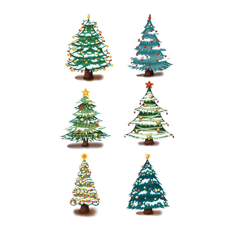 Set of decorated trees with lights, stars and snow (color temporary tattoo for Christmas party, 2–3 days wear)