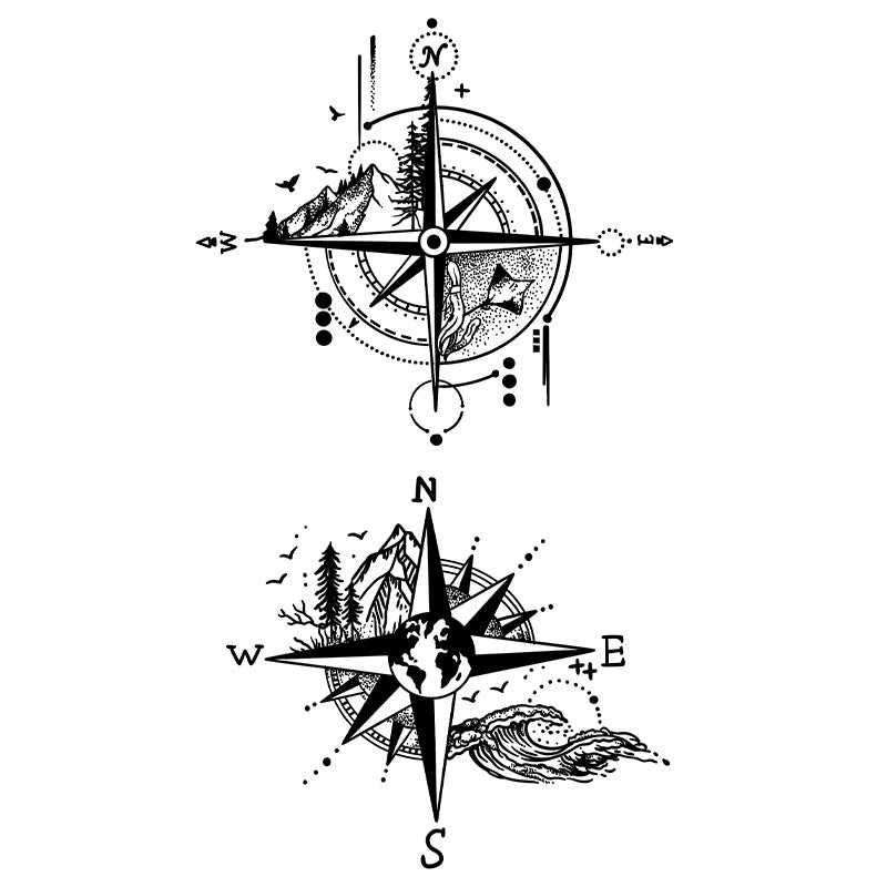 Blackwork temporary tattoo set of two compasses combined with mountains, waves, and a central globe.
