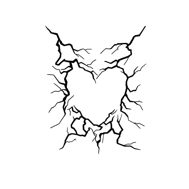 Bold blackwork tattoo design featuring a negative space heart shape created by shattered, cracked lines and fissures.