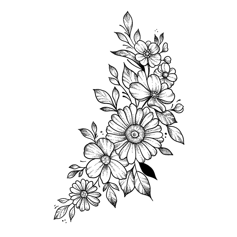 Elegant dotwork tattoo design of a curved floral vine featuring a central daisy surrounded by delicate blossoms and shaded leaves.