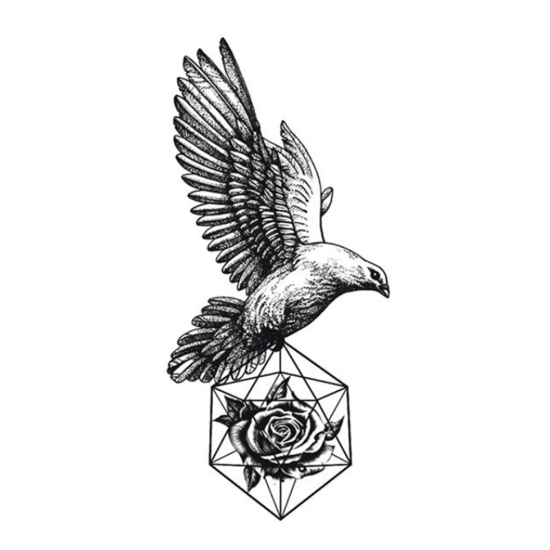Blackwork temporary tattoo of a flying dove above a geometric polyhedron containing a rose.