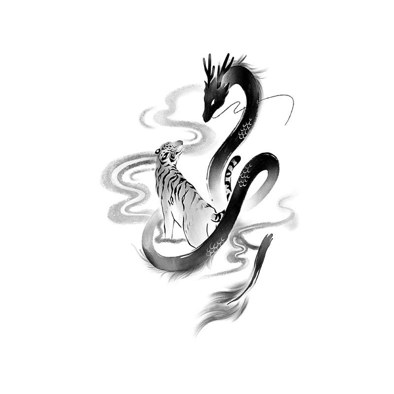 Elegant ink wash tattoo design featuring a black dragon and a white tiger facing each other among swirling clouds, representing the balance of Yin and Yang.