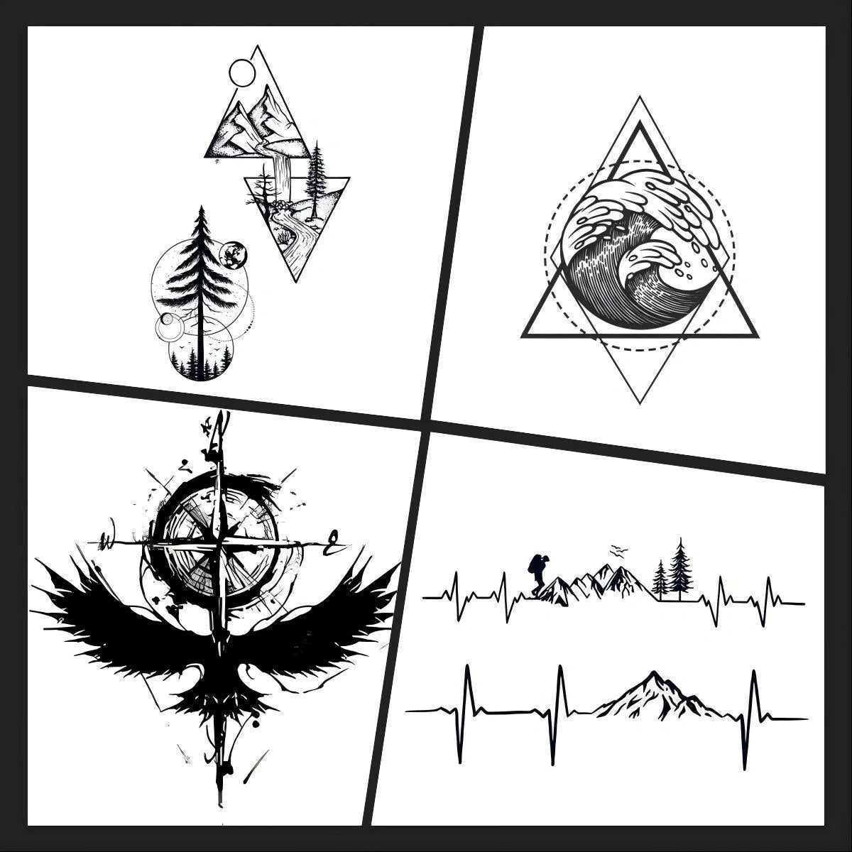 Everyday Starter Stack (4-Pack) semi-permanent tattoo bundle overview featuring a geometric mountain forest landscape, a wave triangle, a raven compass, and a mountain heartbeat line.