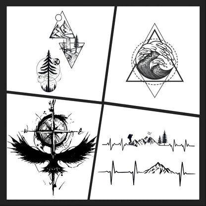 Everyday Starter Stack (4-Pack) semi-permanent tattoo bundle overview featuring a geometric mountain forest landscape, a wave triangle, a raven compass, and a mountain heartbeat line.