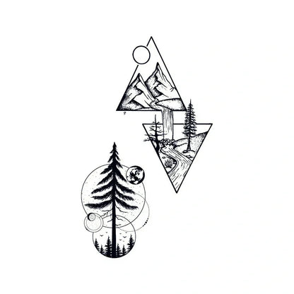 Geometric mountain and forest semi-permanent tattoo design from the Everyday Starter Stack (4-Pack), featuring triangle landscapes, waterfall, pine trees, and circle accents