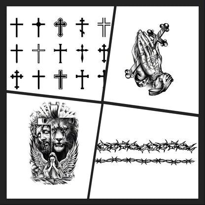 Faith & Cross Essentials 4-Pack bundle overview with a cross icons sheet, praying hands with rosary, a lion and Jesus portrait, and a thorn crown band design.