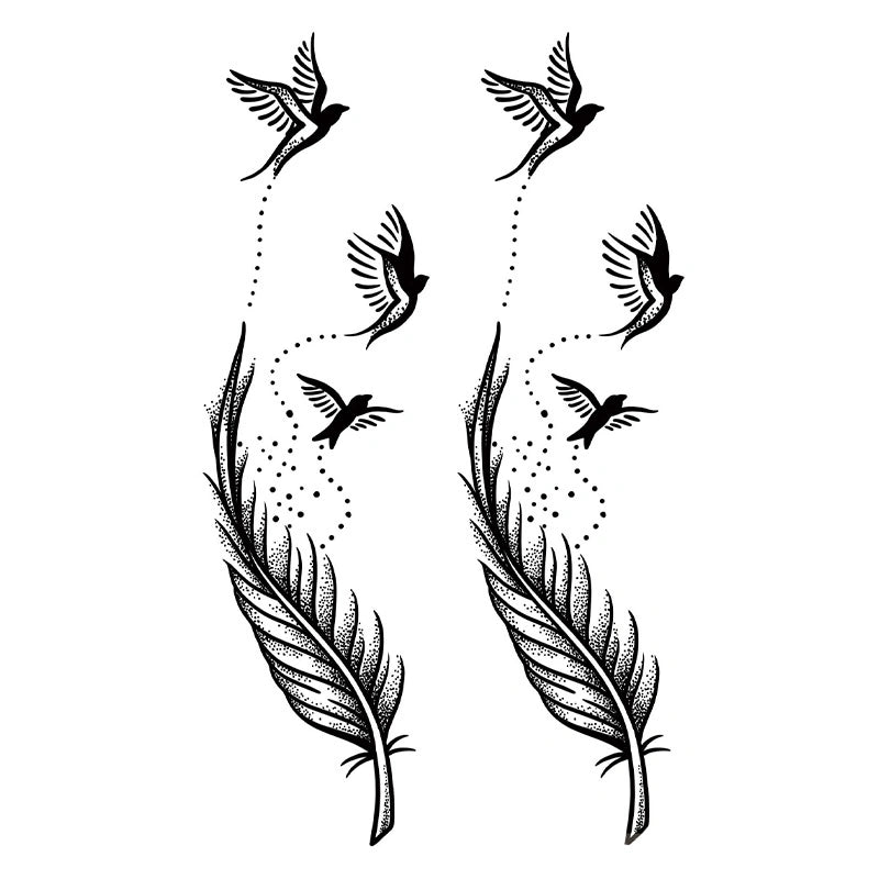 A set of two matching tattoo designs showing a detailed feather dissolving into a flock of flying birds with dotted trails, featuring fine dotwork shading.