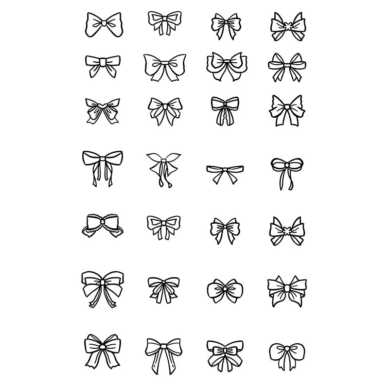 A large flash sheet tattoo set containing 28 different small, minimalist fineline bow designs in various shapes and ribbon styles.