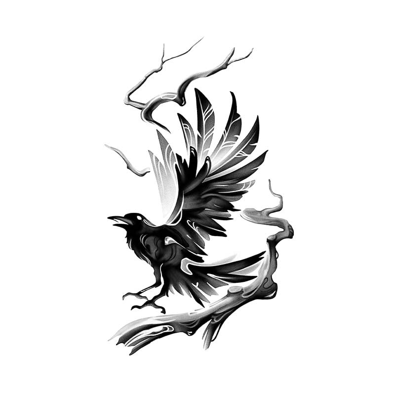 Bold black and white tattoo design of a dark raven or crow taking flight from a twisted, bare tree branch, featuring striking white highlights.