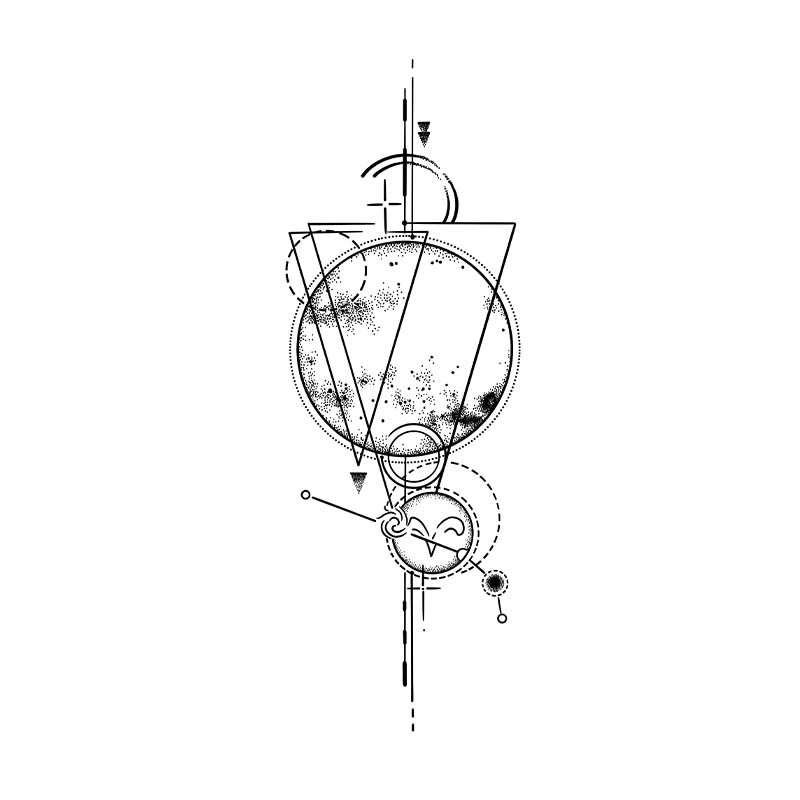Delicate fineline and dotwork tattoo design featuring a textured planet intersected by geometric triangles, fine lines, and the Aries zodiac symbol.