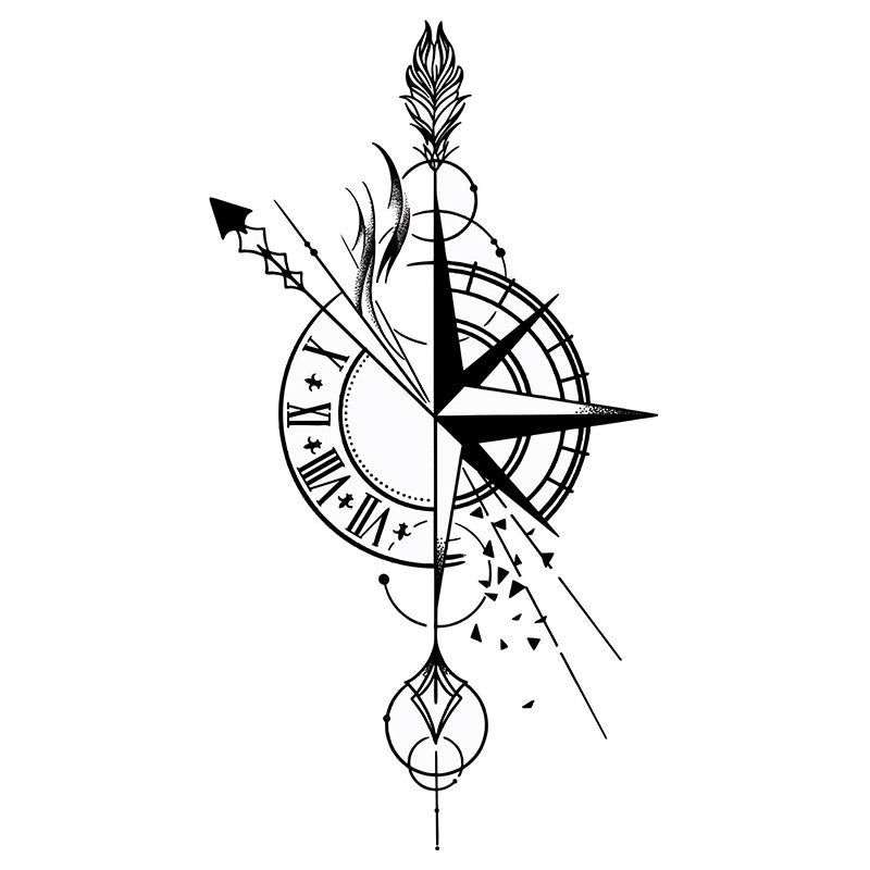 Striking geometric tattoo design featuring an arrow bisecting a Roman numeral clock and a compass rose, with shattered dispersion effects.