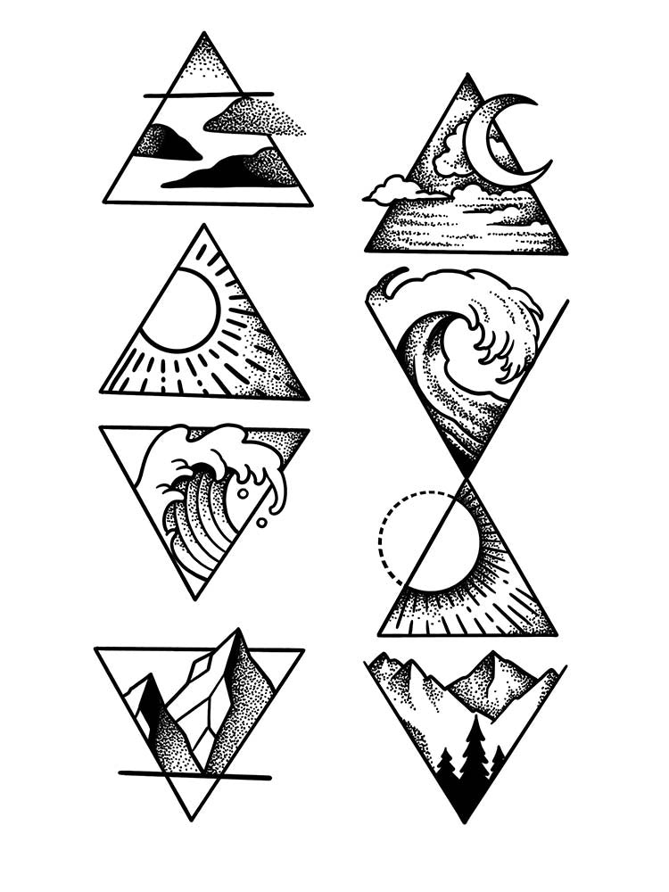 A flash sheet tattoo set featuring six geometric triangle designs filled with intricate dotwork nature scenes, including mountain peaks, ocean waves, sun rays, a crescent moon, and pine trees.