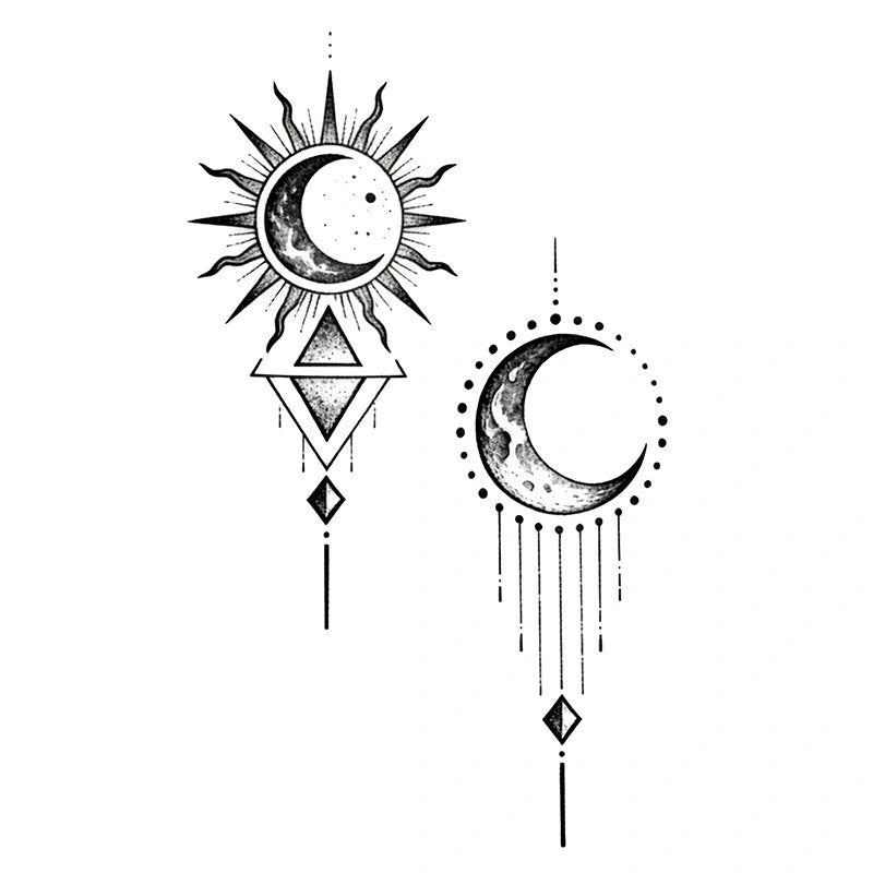 A pair of fineline and dotwork tattoo designs featuring a celestial sun and crescent moon, combined with sacred geometry triangles, ornamental dots, and hanging lines.