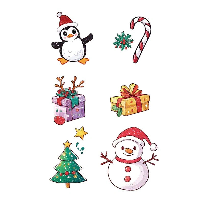 Glitter penguin, snowman, gifts and candy cane (color temporary tattoo for Christmas party, 2–3 days wear)