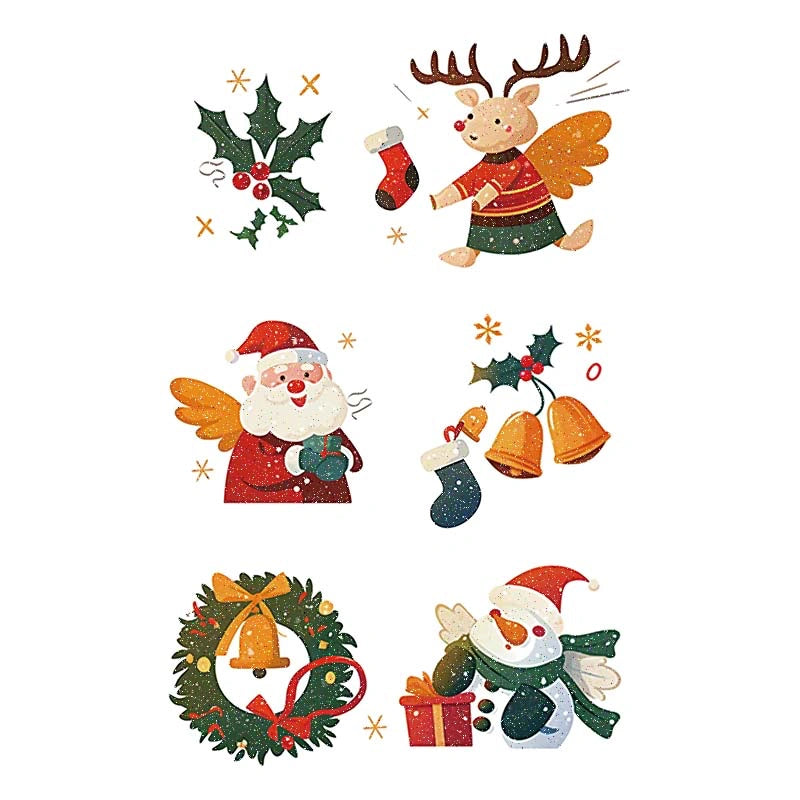 Glitter Santa, reindeer, snowman, wreath, bells and gifts (color temporary tattoo for Christmas party, 2–3 days wear)