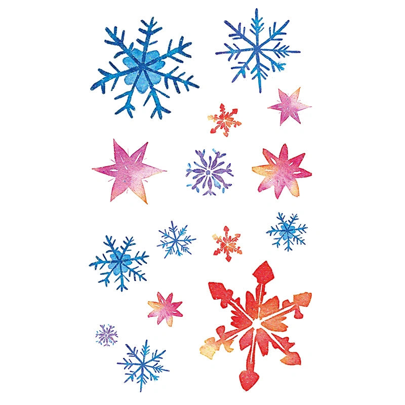 Glitter snowflakes and starbursts in blue and warm gradients (color temporary tattoo for Christmas party, 2–3 days wear)