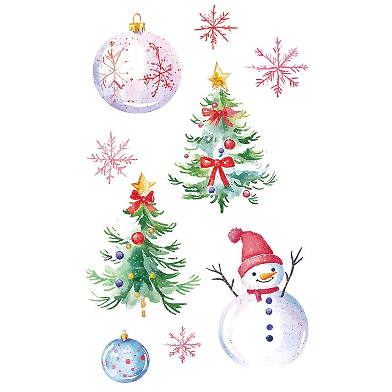 Glitter watercolor trees, snowman, ornaments and snowflakes (color temporary tattoo for Christmas party, 2–3 days wear)