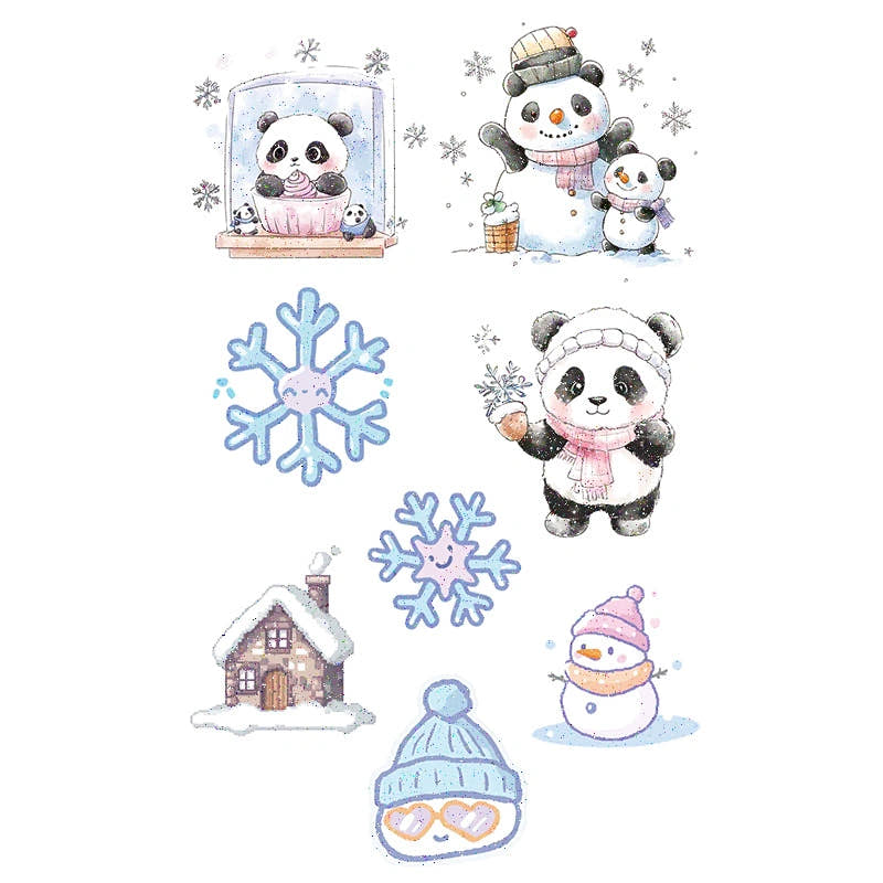 Glitter winter pandas, snowman, snowflakes, cabin and beanie (color temporary tattoo for Christmas party, 2–3 days wear)