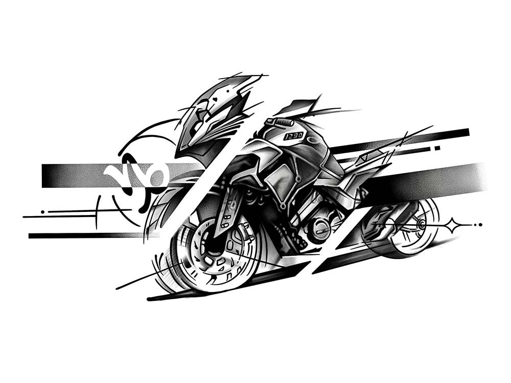 Dynamic graphic tattoo design of a high-speed sportbike motorcycle, featuring aggressive geometric speed lines, bold blackwork shading, and a subtle Capricorn zodiac symbol.