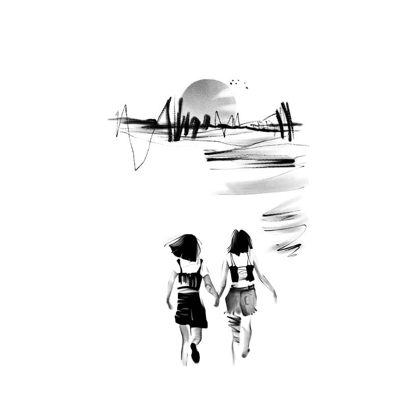 Abstract brushwork tattoo design of two figures holding hands and running towards a sunset. The dynamic horizon line creatively blends distant mountain peaks with a heartbeat ECG, symbolizing universal companionship and a shared journey.