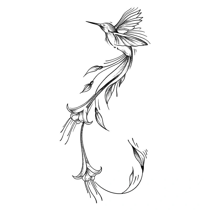 Elegant fine line and dotwork tattoo design of a delicate hummingbird in mid-air, hovering above long, trailing trumpet flowers.