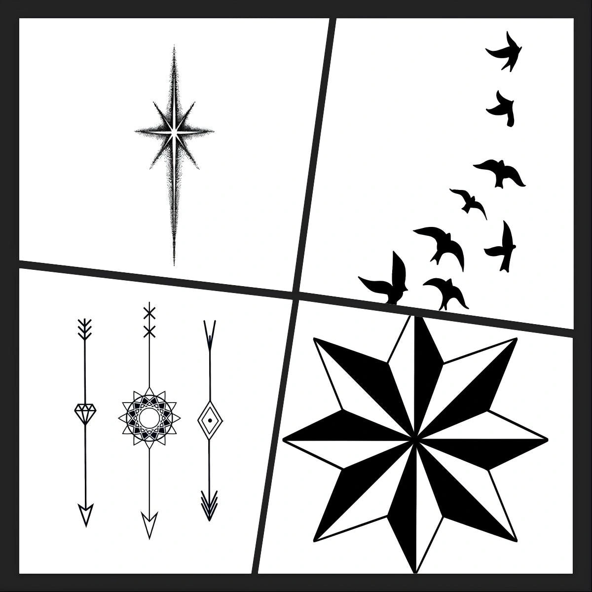 Ink Starter Set (4-Pack) semi-permanent tattoo bundle overview with compass star, flying birds, arrows and geometric star designs.