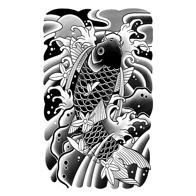 Bold traditional Japanese blackwork tattoo design featuring a detailed koi fish leaping through dynamic ocean waves and splashes, set against a sun background.