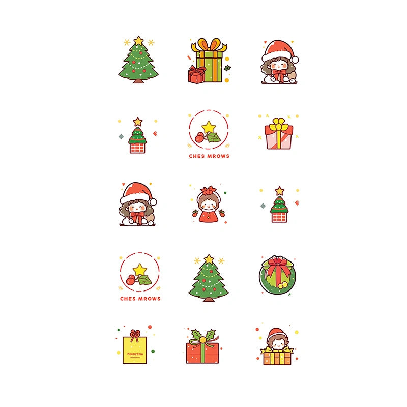 Mini Christmas icons with Santa girl, trees, gifts and wreath (color temporary tattoo for Christmas party, 2–3 days wear)