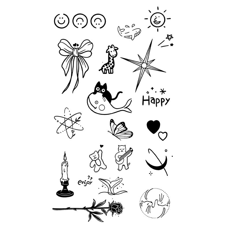 Temporary tattoo flash sheet of minimalist doodles including a bow, smiley faces, cats, and a rose
