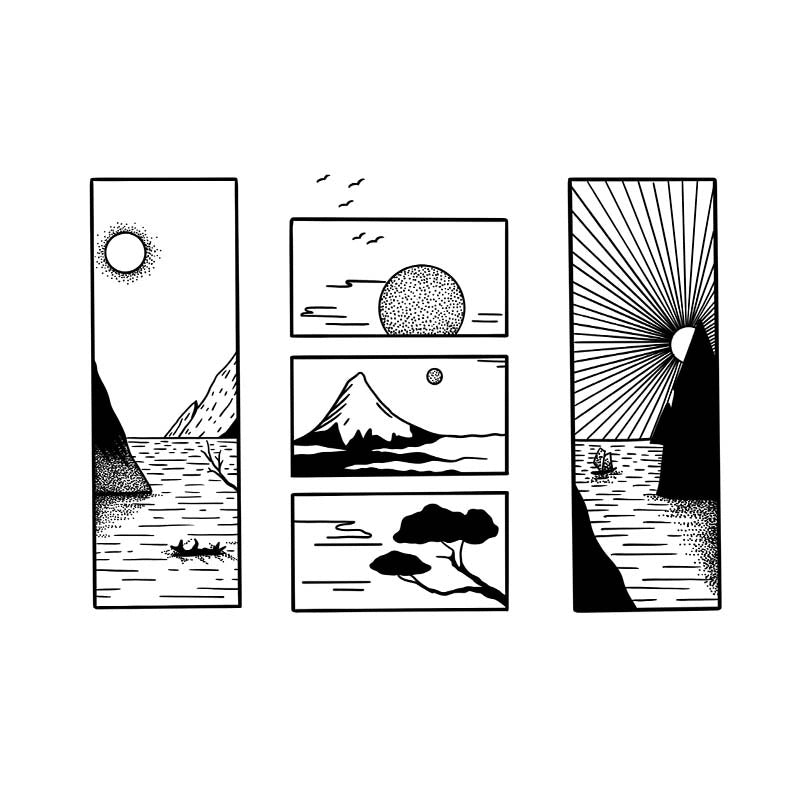 A flash sheet tattoo set featuring five minimalist framed landscape designs, including mountain peaks, a setting sun, ocean waves, a small boat, and a pine tree, detailed with fineline and dotwork shading.