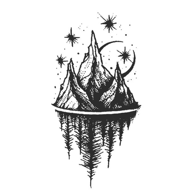 Symmetrical temporary tattoo of mountains and a crescent moon, mirrored by an inverted pine forest.
