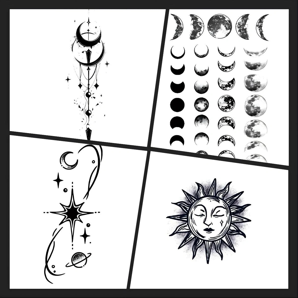 Moon & Sun Celestial Symbols 4-Pack bundle overview with a moon drop charm, moon phases sheet, celestial star with planet, and a vintage sun face design.