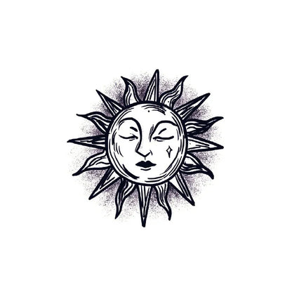 Vintage sun face semi-permanent tattoo design from the Moon & Sun Celestial Symbols 4-Pack.