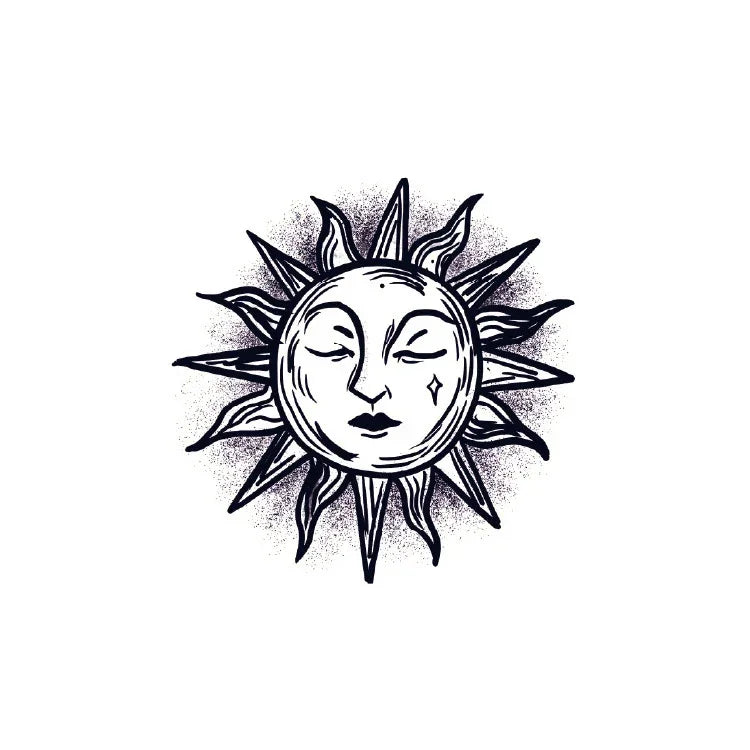 Vintage sun face semi-permanent tattoo design from the Moon & Sun Celestial Symbols 4-Pack.