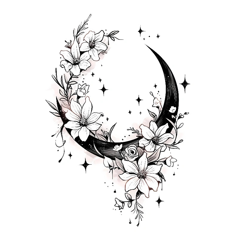 Crescent moon with Flowers and sparkles semi-permanent tattoo design from the Moonlit Butterflies Mini Set (4-Pack).