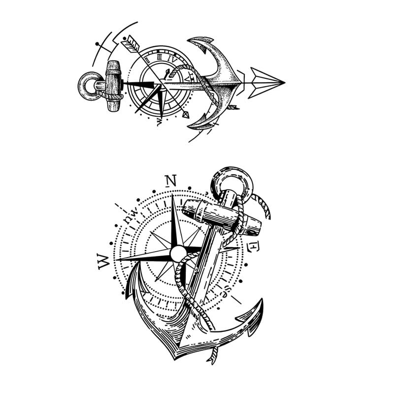 A set of two fine line nautical tattoo designs featuring anchors intertwined with compasses, geometric arrows, and ropes.
