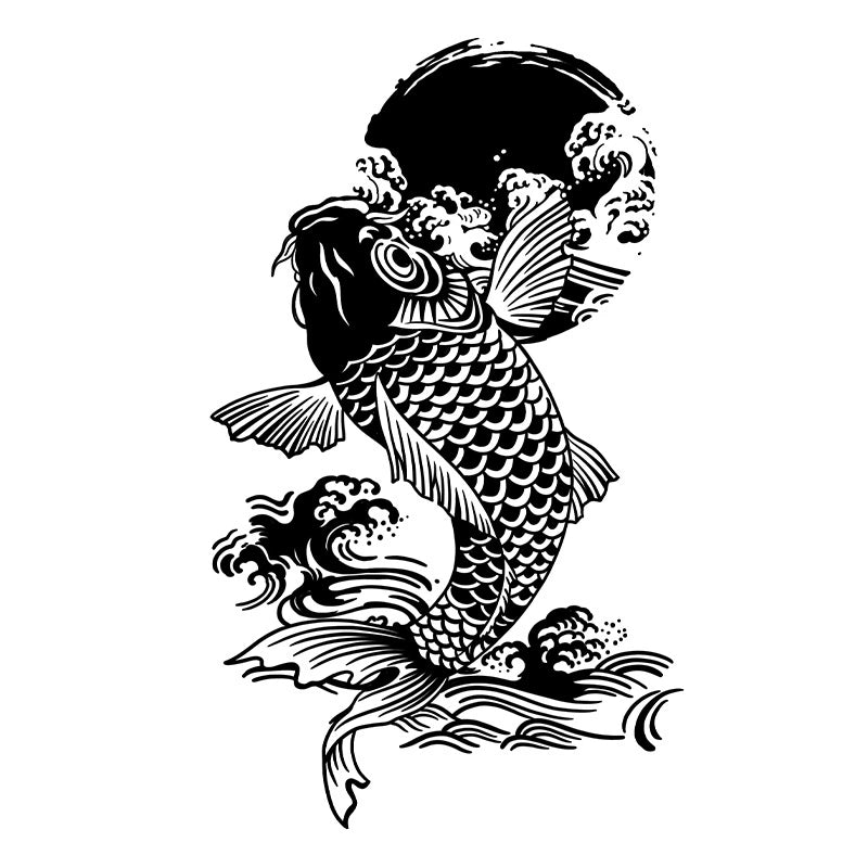 Detailed Japanese style tattoo design featuring a koi fish jumping through ocean waves with a solid rising sun in the background.