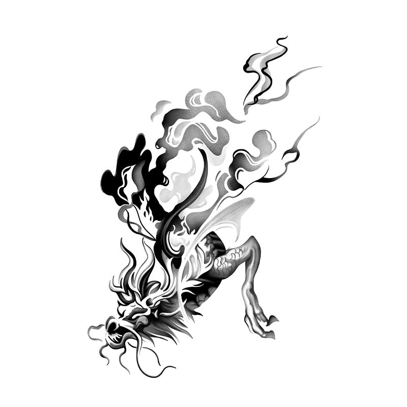 Abstract tattoo design of a fierce Eastern dragon emerging from dynamic, swirling smoke and clouds, featuring gradient shading and bold negative space.