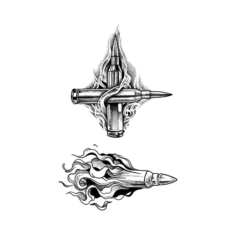 A set of two badass blackwork tattoo designs: one featuring crossed bullets enveloped in dotwork smoke, and another showing a bullet flying with trailing flames.