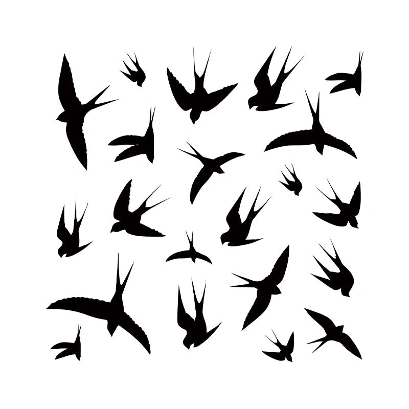 A collection of multiple flying swallow bird silhouettes in various sizes, featuring a realistic deep black ink finish.