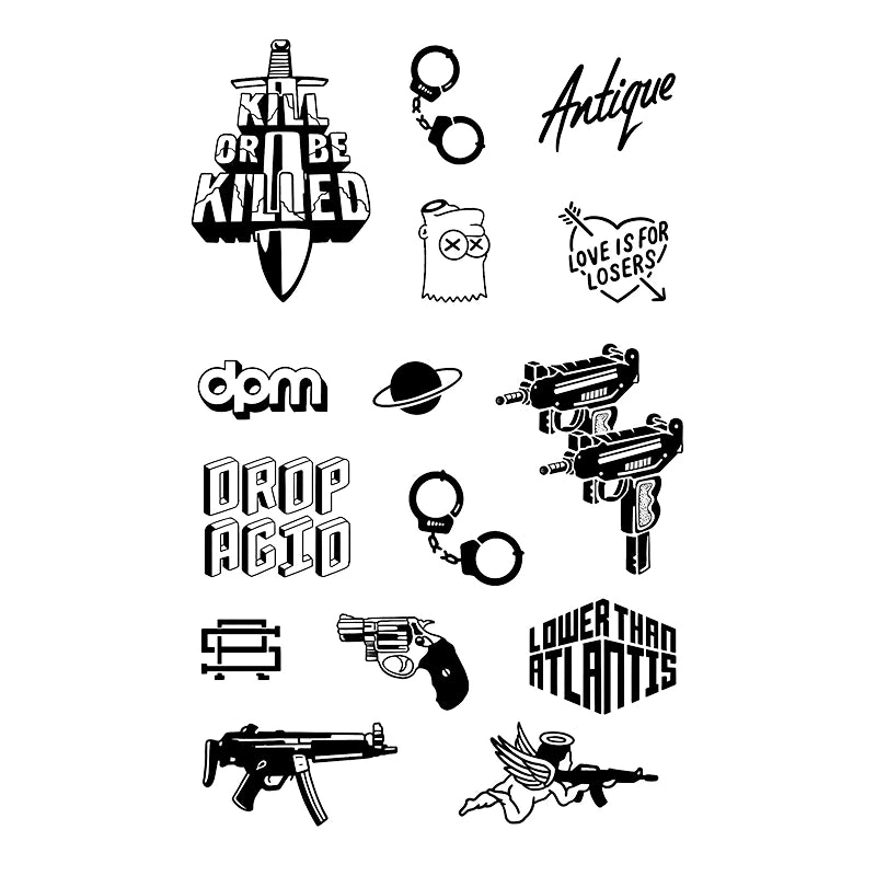 A flash sheet set of edgy streetwear temporary tattoos, featuring mini designs like guns, handcuffs, a cherub, and rebel typography.