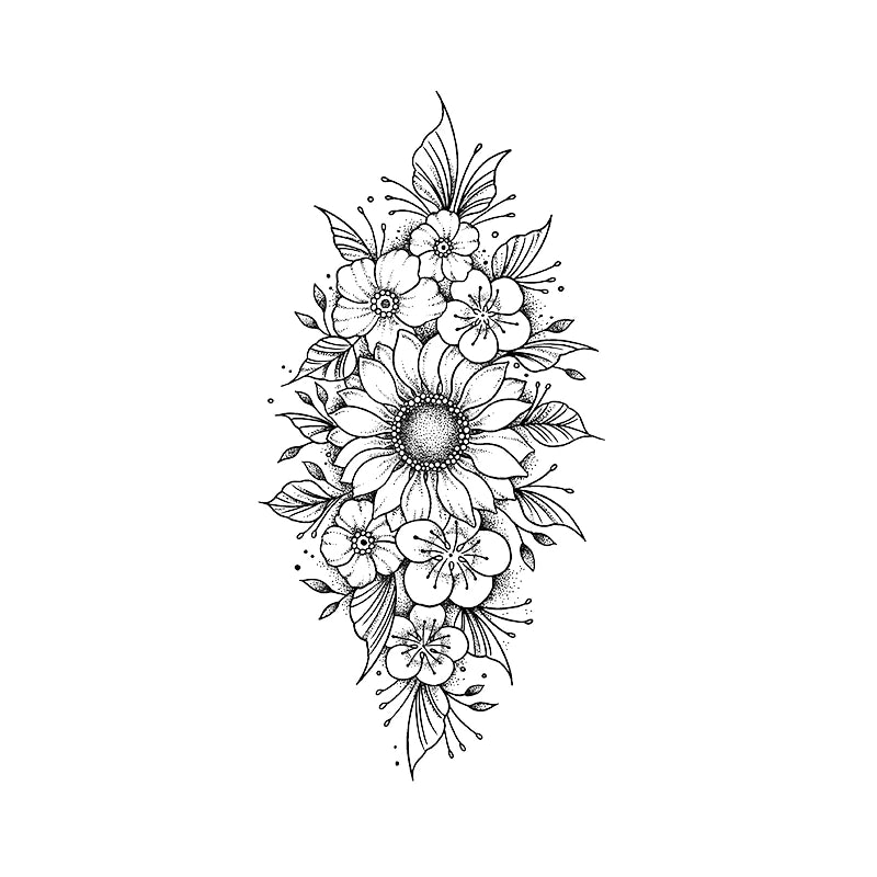 Dotwork semi-permanent tattoo of a central sunflower surrounded by smaller blossoms and leaves.